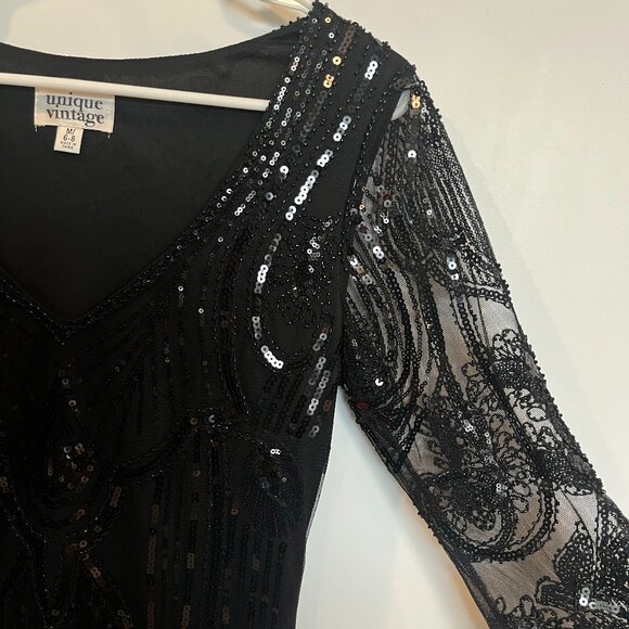 1920s Style Black Beaded & Sequin Margaux Sleeved Fringe Dress - Picture 6 of 8